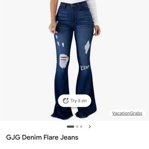 GJG Women's Distressed Dark Blue Flare Jeans